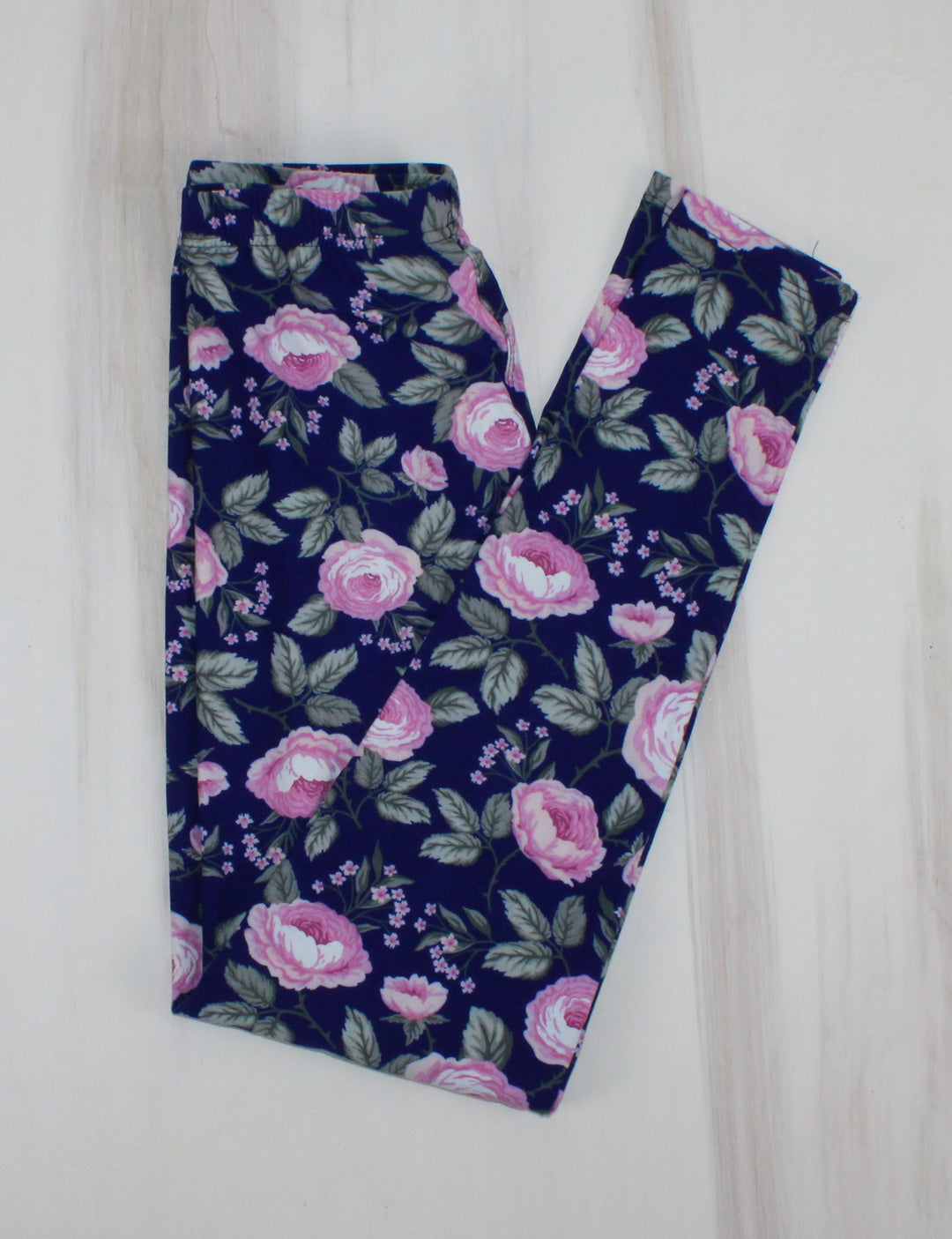 BLUE WITH PINK ROSE LEGGINGS LADIES O/S PRE-LOVED