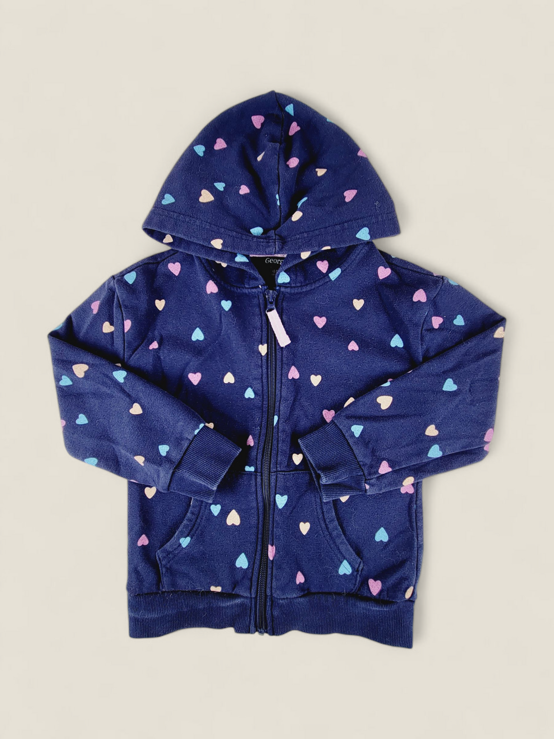 GEORGE NAVY HEART HOODIE GIRLS 4-5Y PRE-LOVED