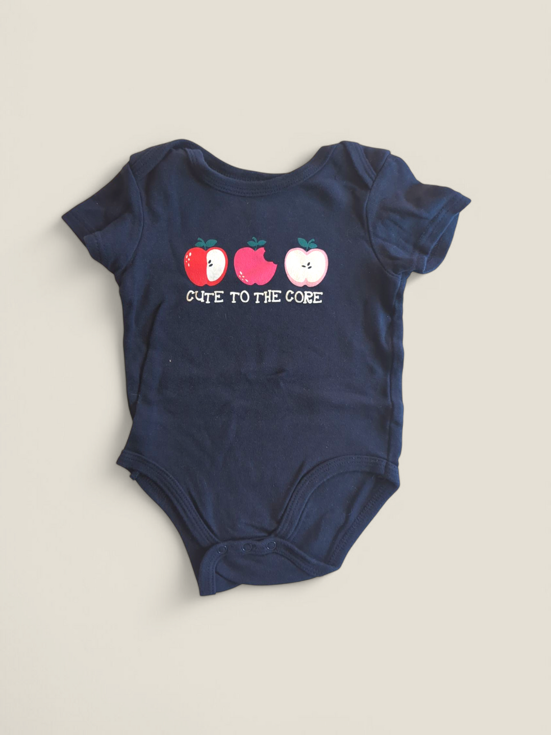 MONKEY BARS CUTE TO THE CORE APPLE NAVY ONESIE 12M PRE-LOVED