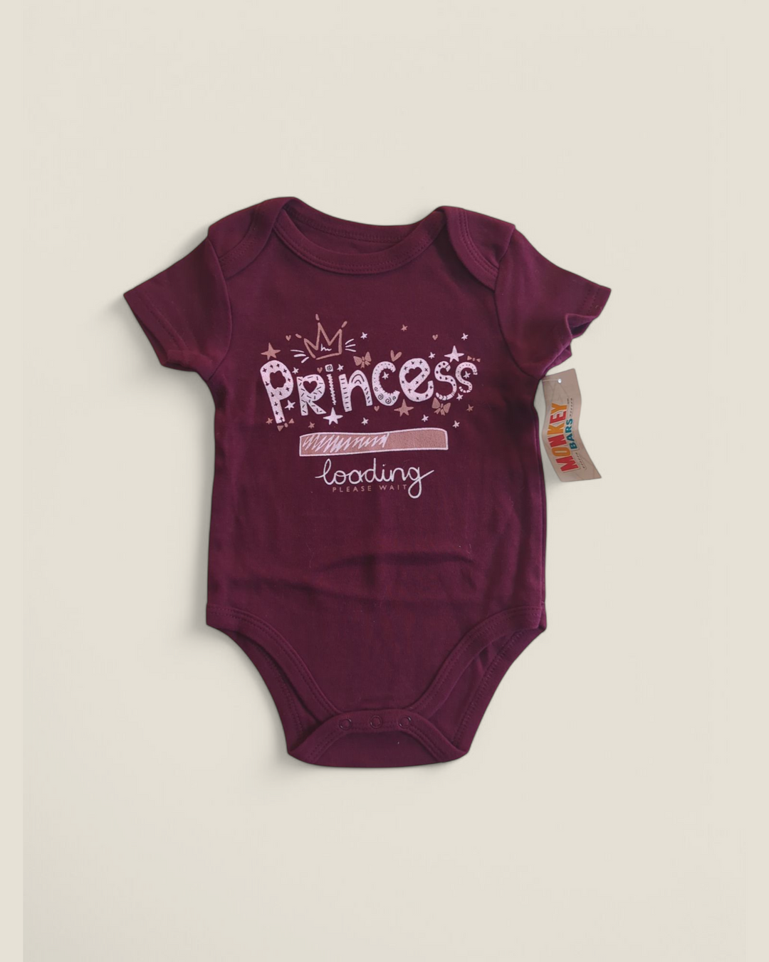 MONKEY BARS PRINCESS LOADING MAROON ONESIE 0-3M PRE-LOVED (WITH TAGS)