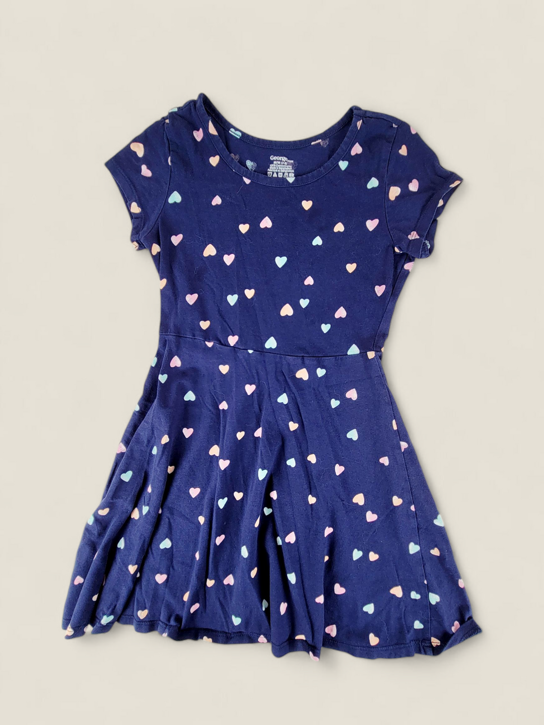GEORGE NAVY HEART DRESS GIRLS 7-8Y PRE-LOVED
