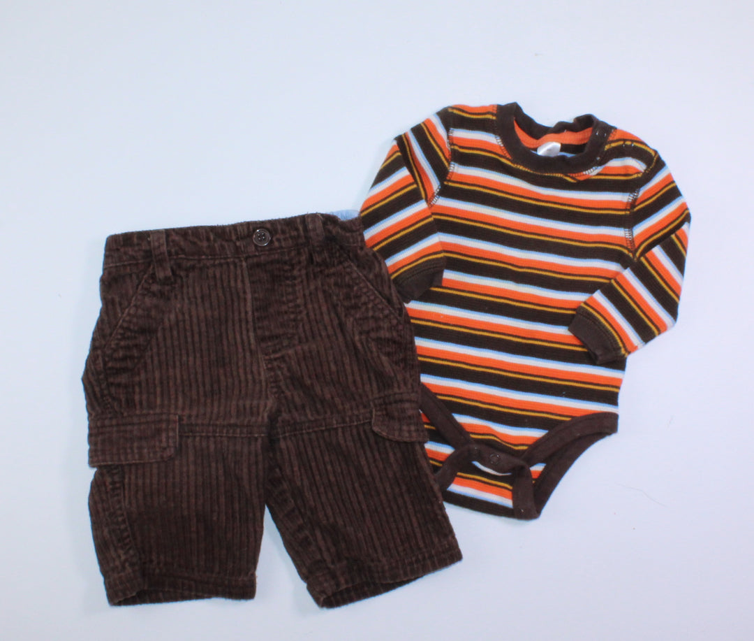 BELUGA STRIPED ONESIE & BROWN CORDS 6M PRE-LOVED