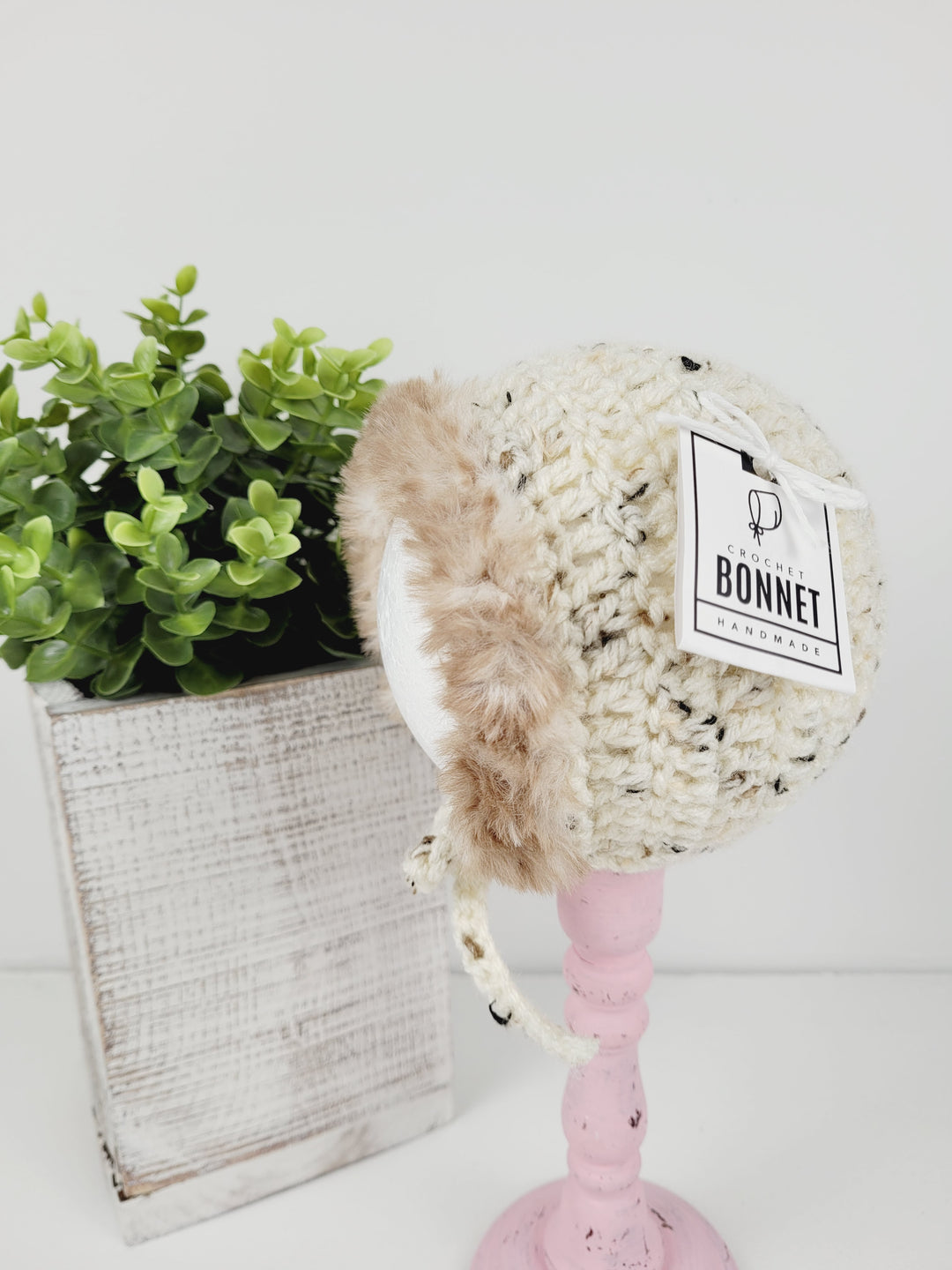 Pink Blossom Crochet Fur Trim Bonnet