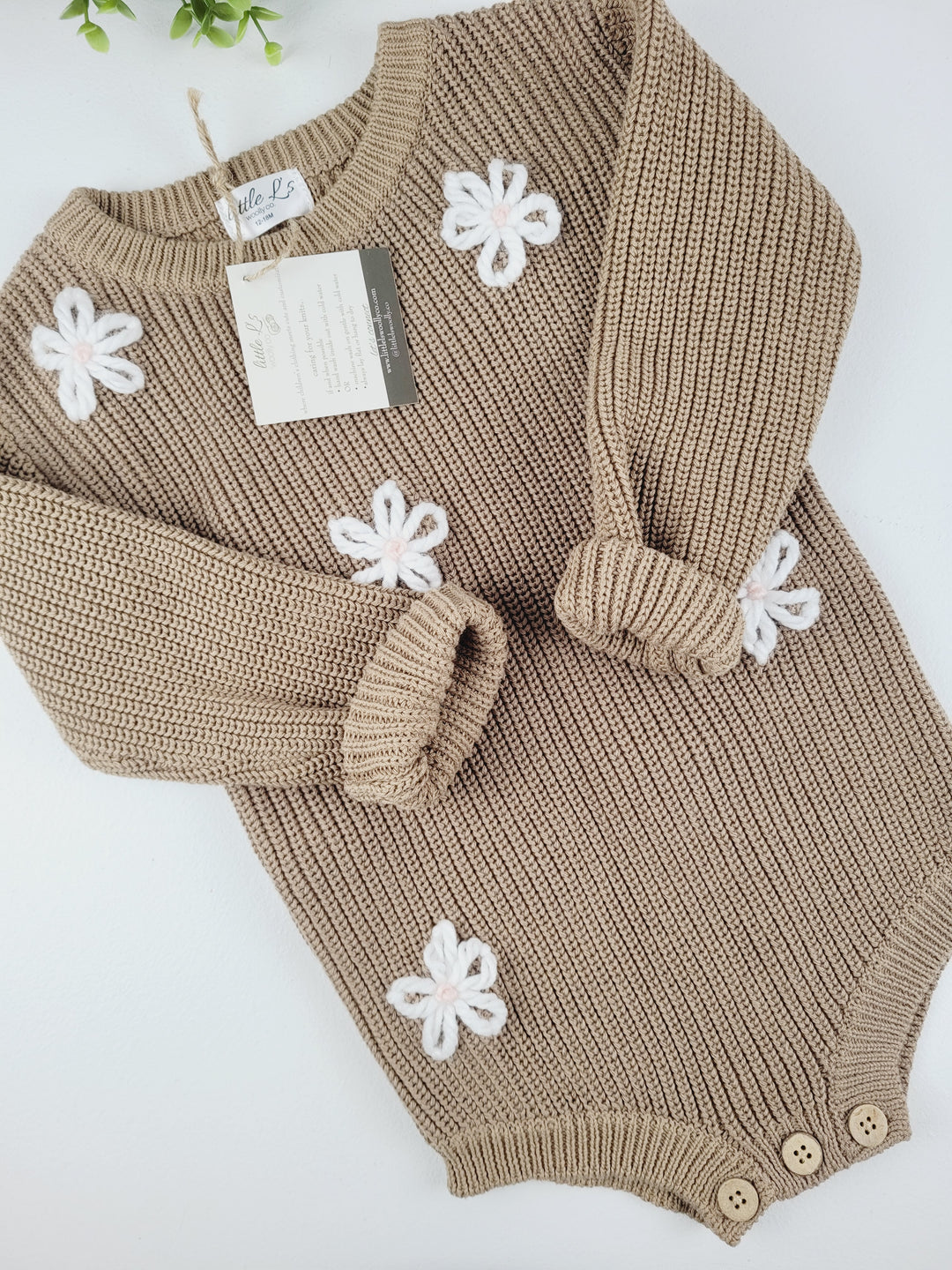 Little L's Woolly Co., Embroidered Mocha Floral Woolly Onesie 12-18 Months