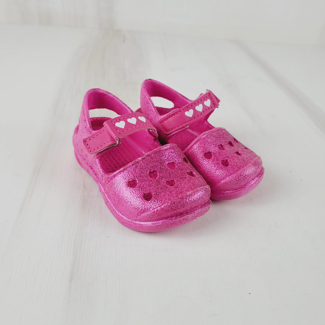 PINK GLITTER SLIP ON SANDALS WITH VELCRO SIZE 6 CHILD EUC