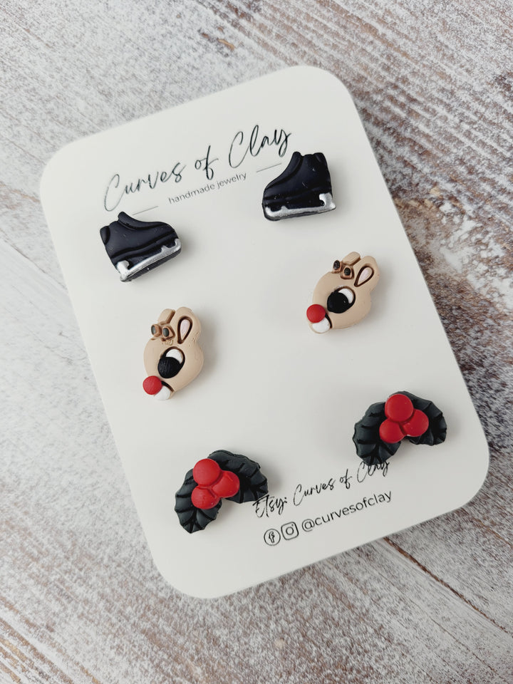 Curves of Clay, Holiday Stud Earrings 3 Pack