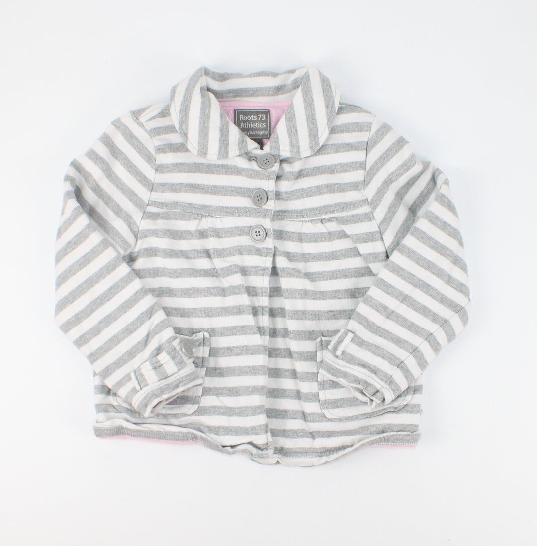 ROOTS GREY STRIPED FLEECE LINED SWEATER/JACKET 5Y PRE-LOVED