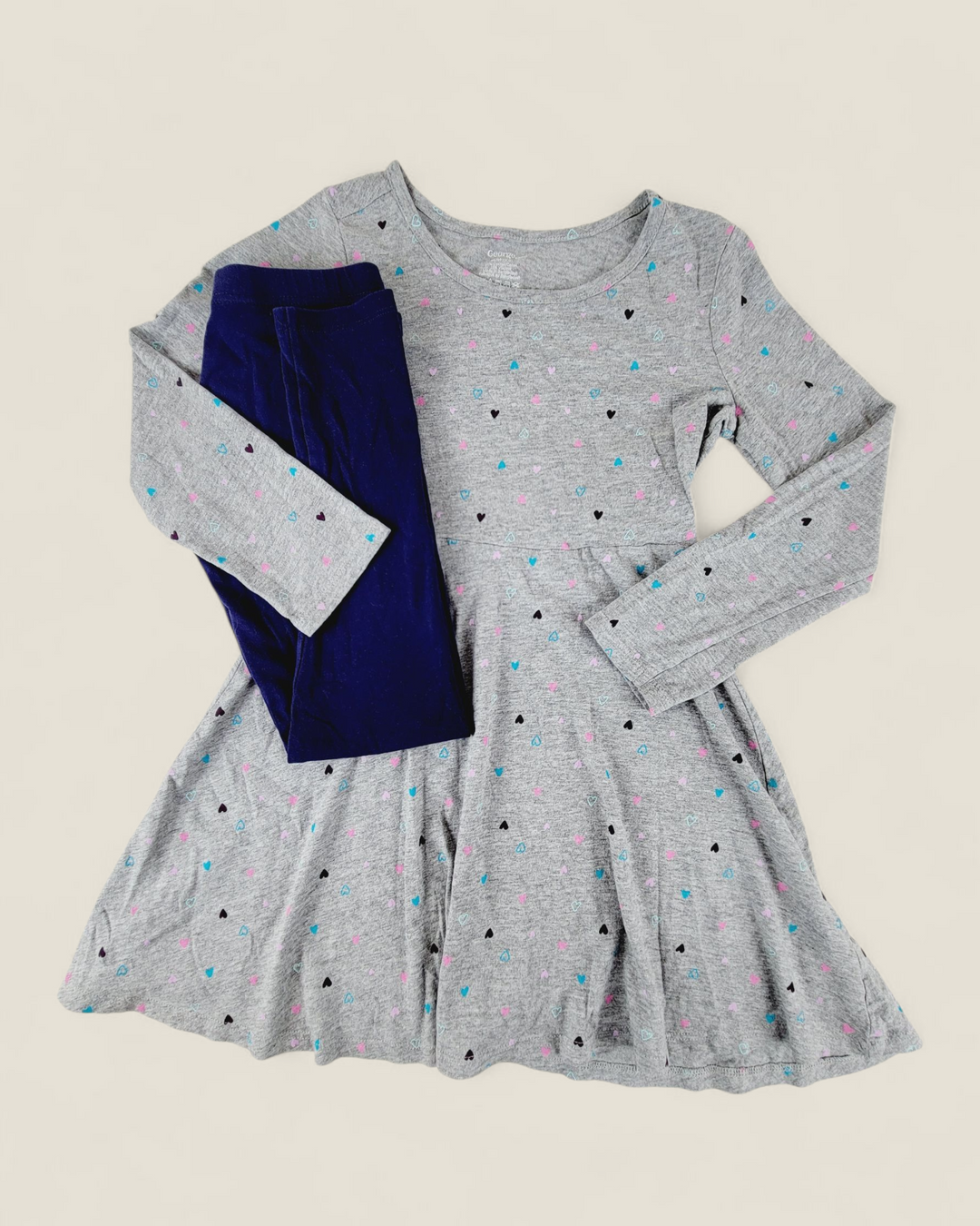 GEORGE GREY HEART DRESS WITH NAVY LEGGINGS GIRLS 7-8Y PRE-LOVED