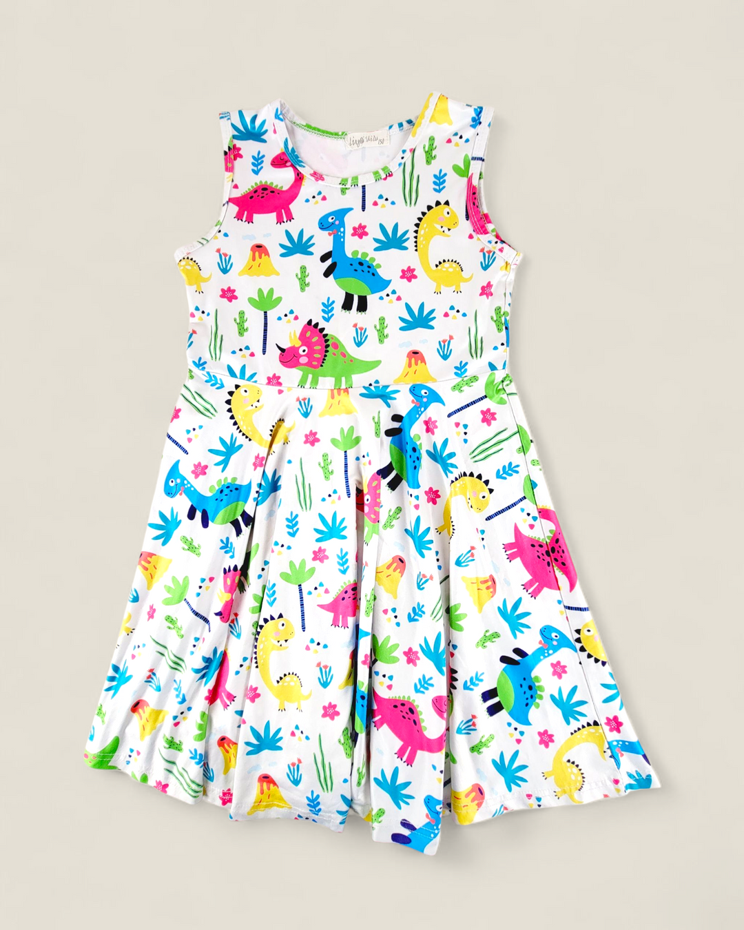 WHITE DINOSAUR DRESS GIRLS APPROX 10-12Y PRE-LOVED