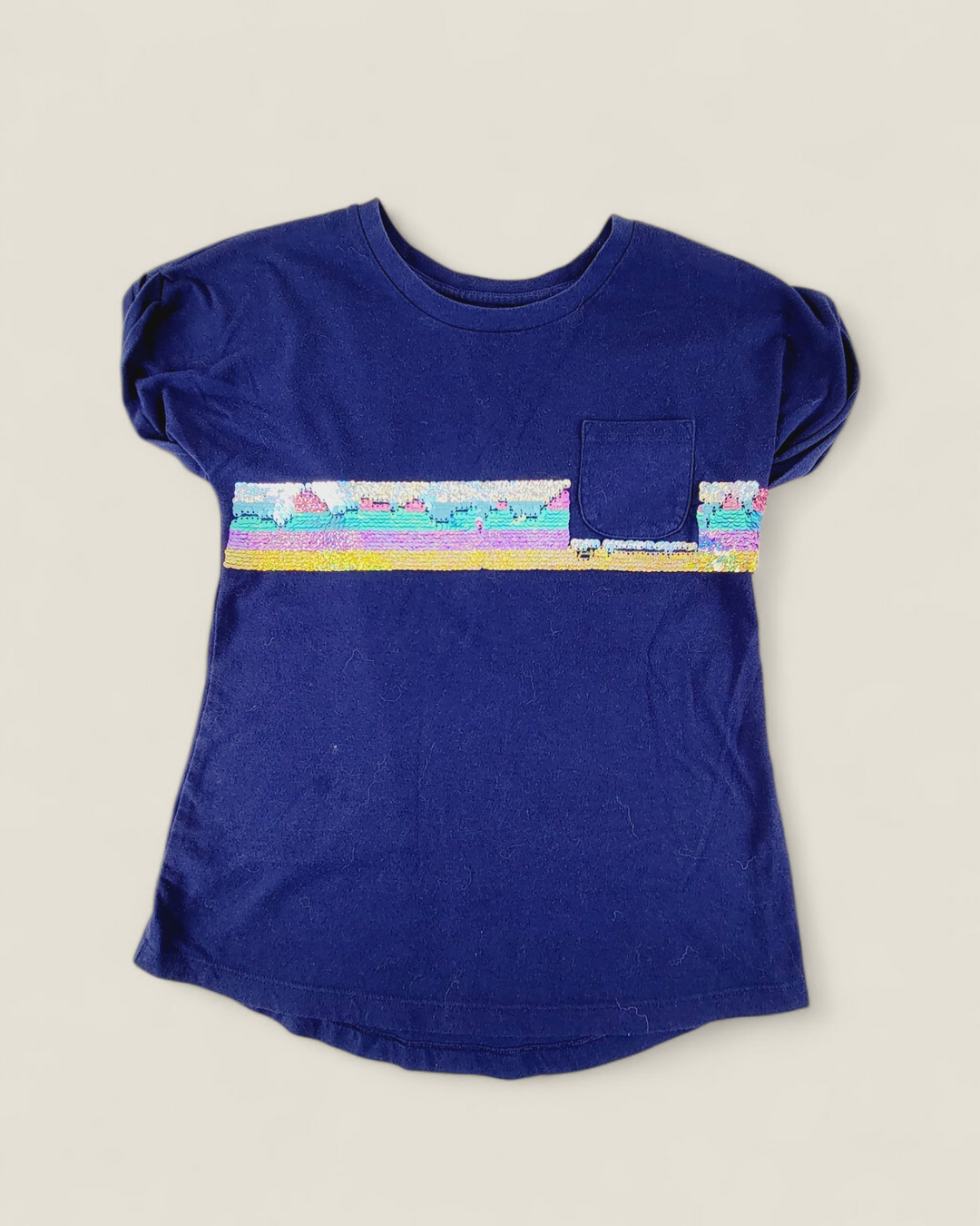 GEORGE NAVY SEQUINED TEE GIRLS 7-8Y PRE-LOVED