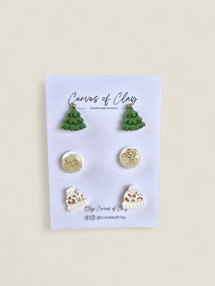 Curves of Clay, Holiday Stud Earrings 3 Pack