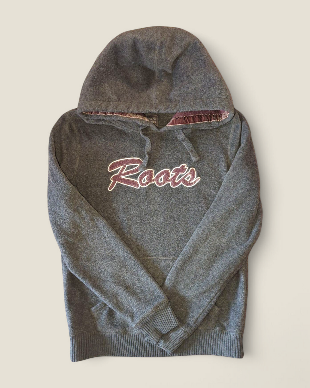 ROOTS FLEECE GREY & PURPLE HOODIE LADIES XS PRE-LOVED