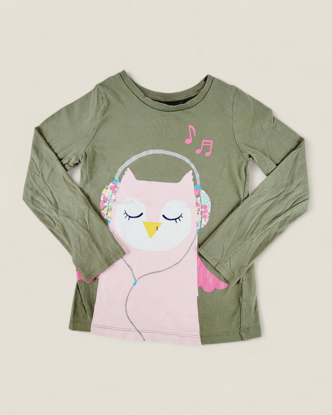 CARTERS GREEN OWL LONG SLEEVE TOP GIRLS 7Y PRE-LOVED
