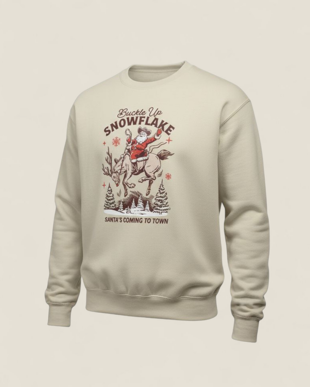 Rebel Lane Apparel Co., Holiday Crewneck Sweater: Buckle Up Snowflake