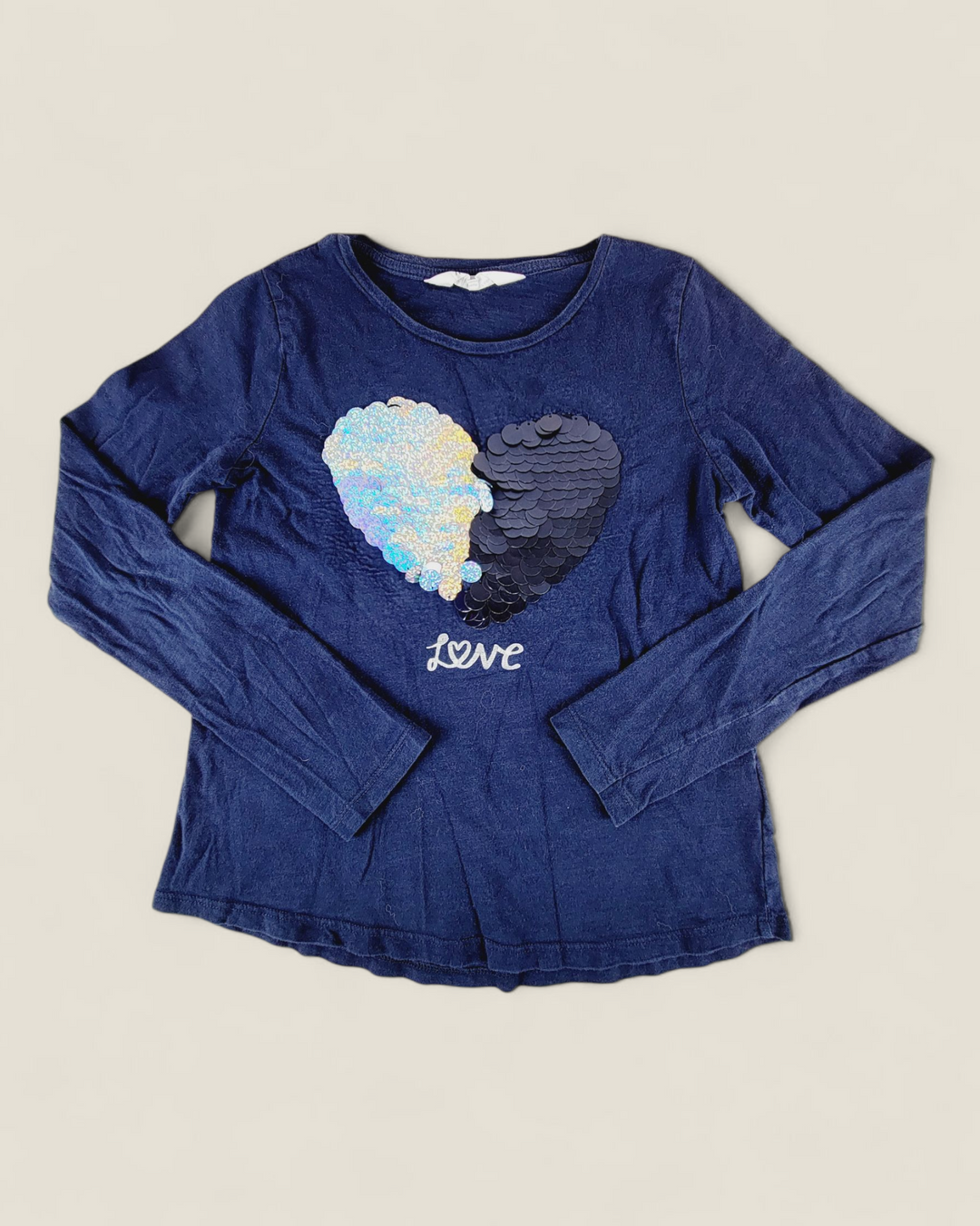 H&M NAVY SEQUINED LONG SLEEVE TOP GIRLS 8-10Y PRE-LOVED