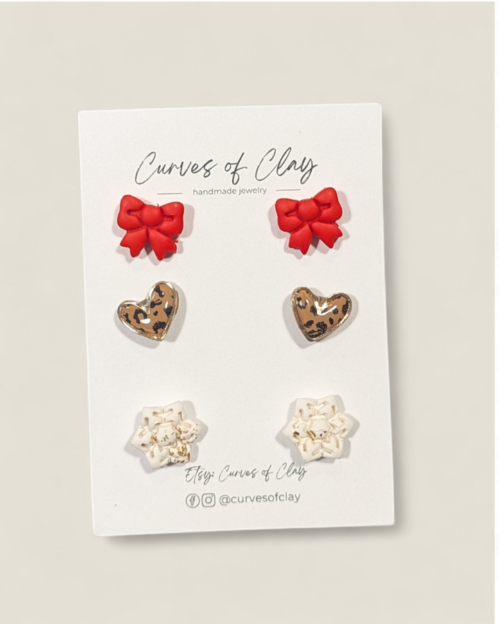 Curves of Clay, Holiday Stud Earrings 3 Pack