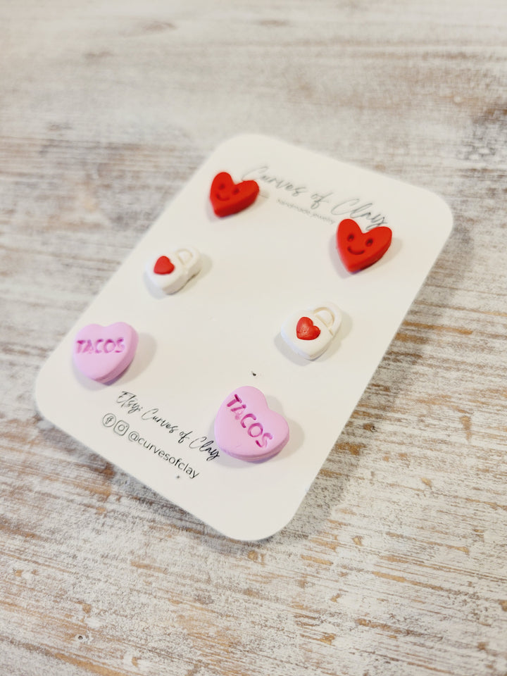 Curves of Clay, Valentine & Love Inspired Stud Earrings 3 Pack