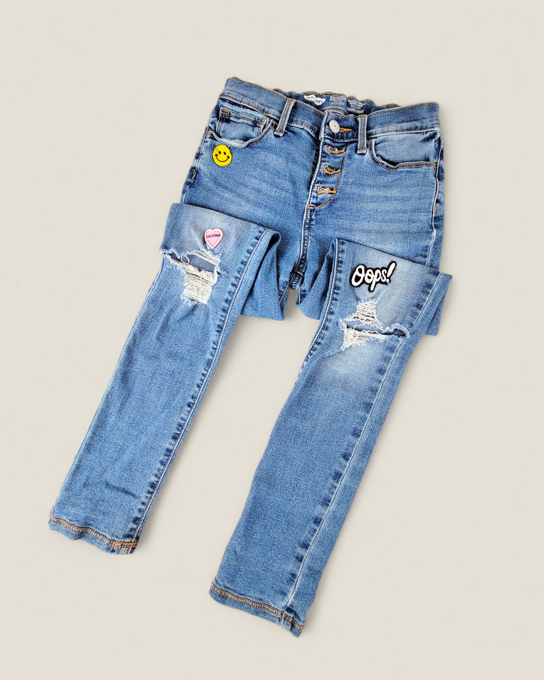 OLD NAVY SUPER SKINNY DISTRESSED PATCHED JEGGINGS GIRLS 10Y PRE-LOVED