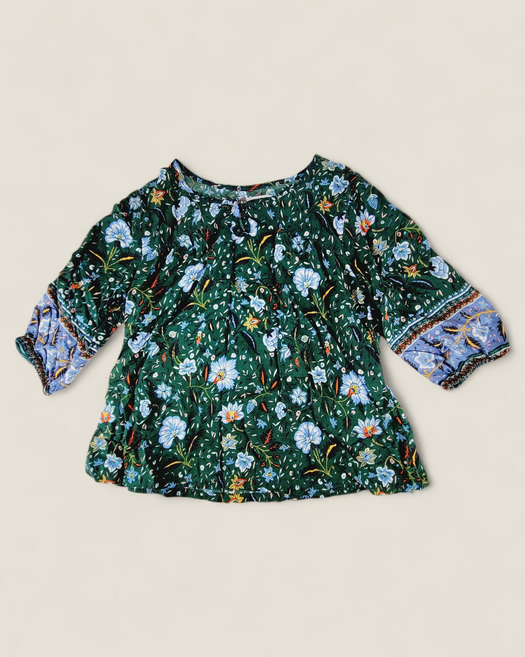 OLD NAVY GREEN FLORAL ELBOW SLEEVE TOP GIRLS 8Y PRE-LOVED