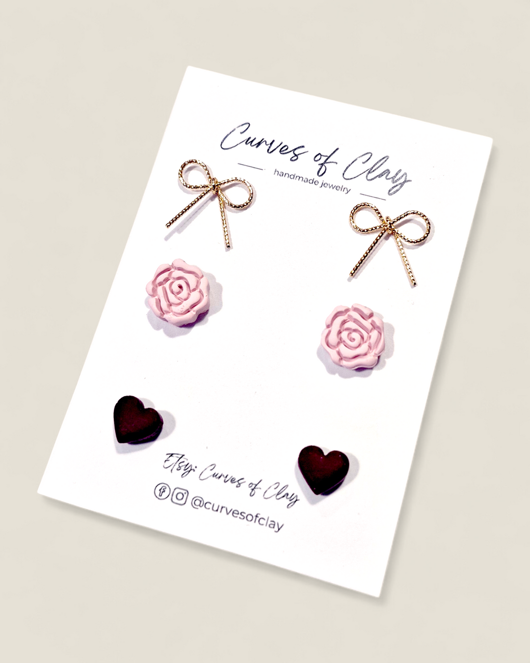 Curves of Clay, Valentine & Love Inspired Stud Earrings 3 Pack