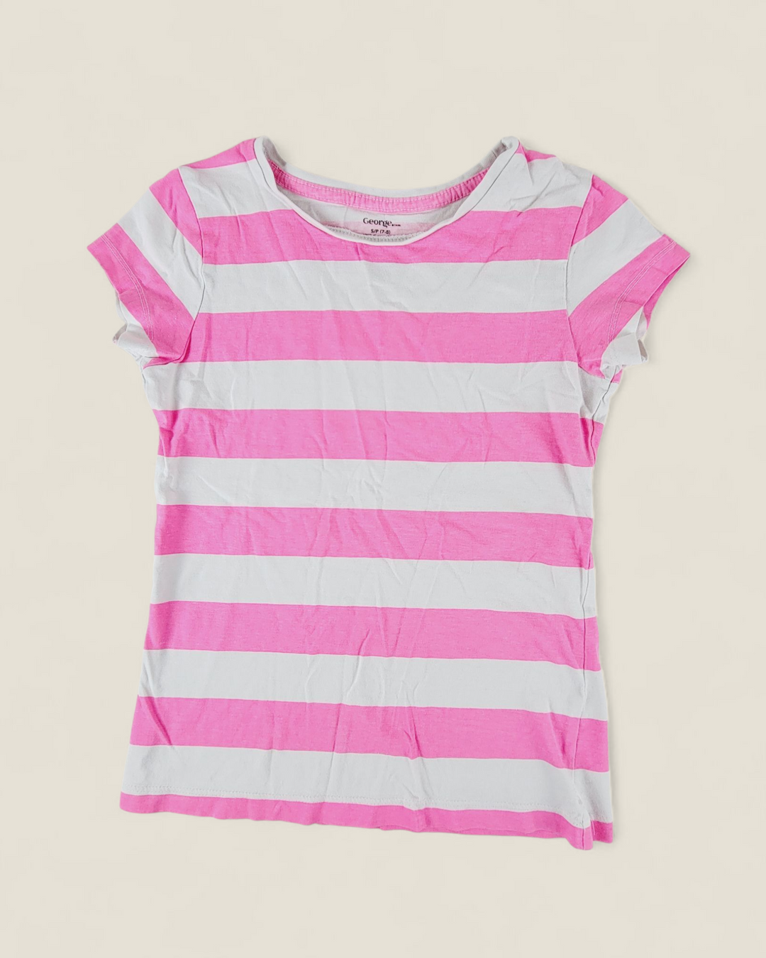 GEORGE PINK STRIPED TEE GIRLS 7-8Y PRE-LOVED