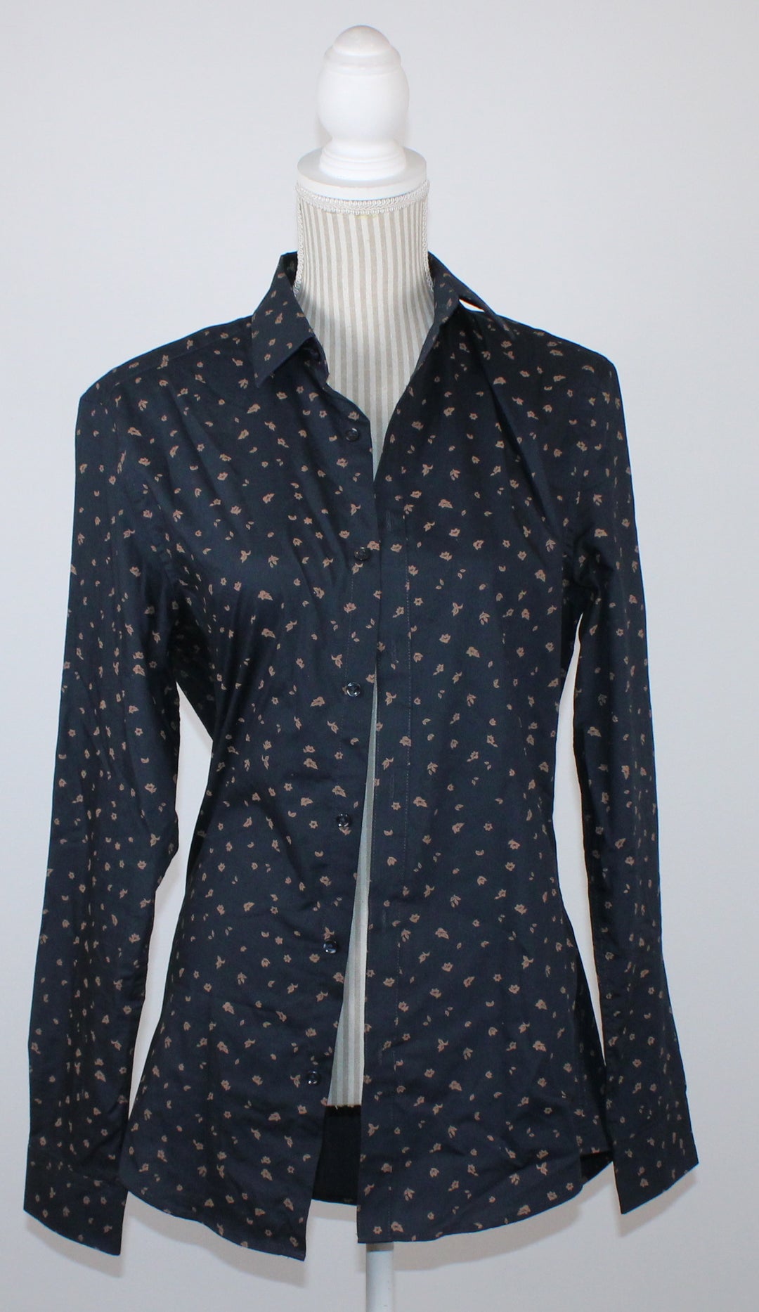 H&M NAVY BLOUSE WITH TAN LEAVES SLIM FIT LADIES SMALL EUC