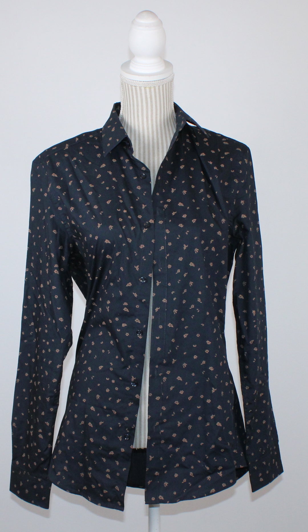 H&M NAVY BLOUSE WITH TAN LEAVES SLIM FIT LADIES SMALL PRE-LOVED