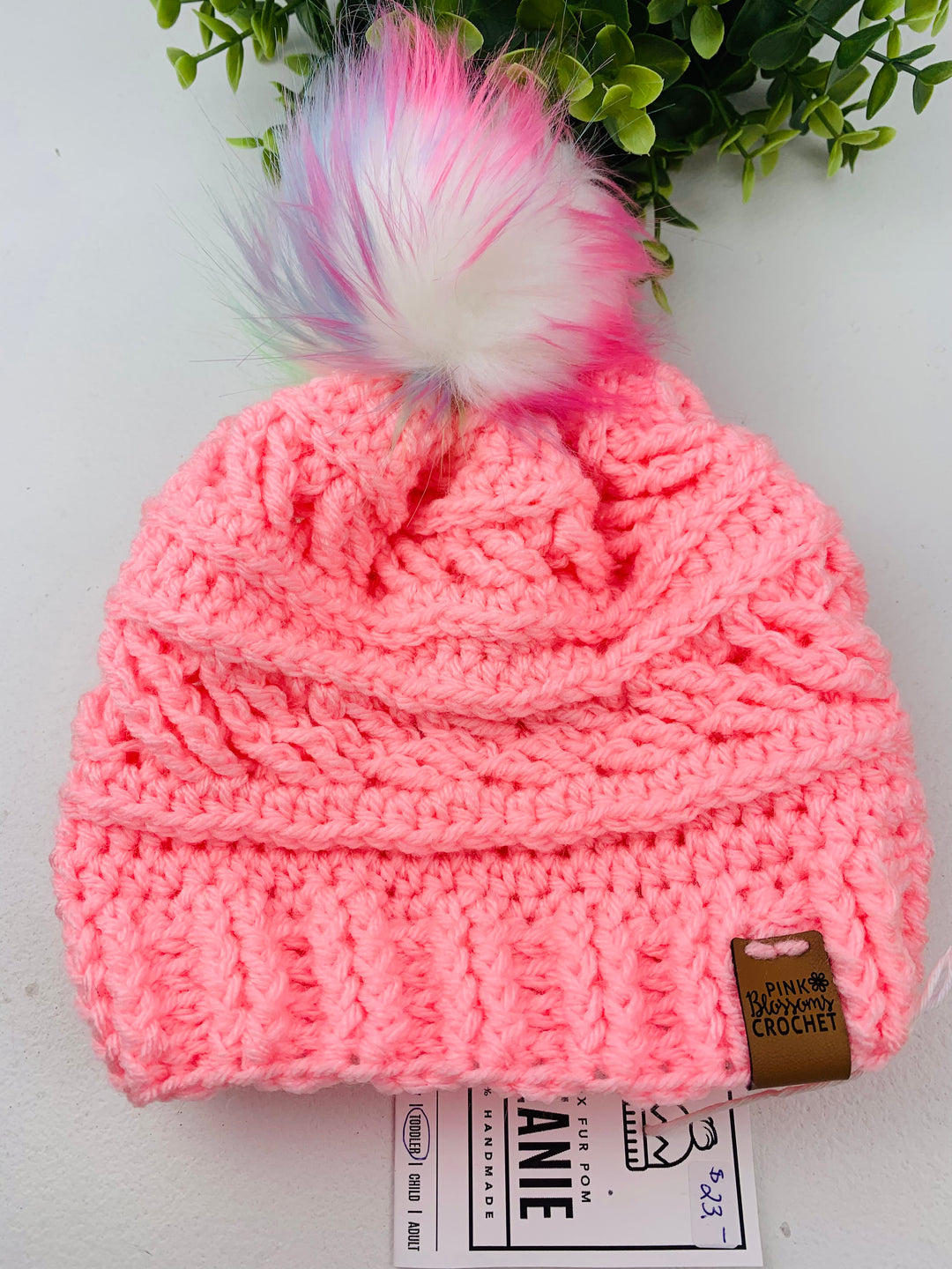 Pink Blossom Crochet, Snap PomPom Crocheted Toques